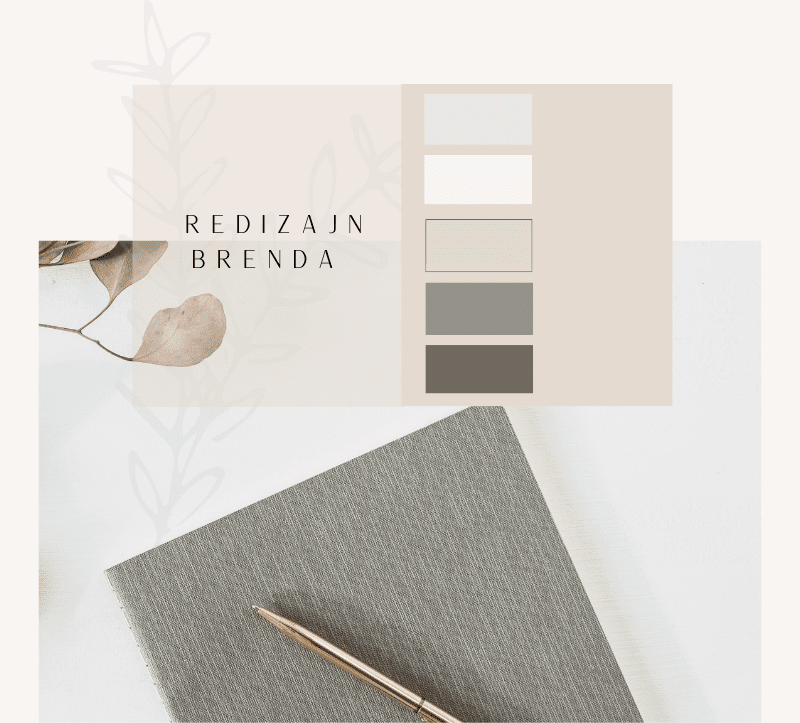 Minimalistički vizual sa neutralnom paletom boja, tekstom "Redizajn brenda" i elegantnim elementima koji simbolizuju proces brendinga.